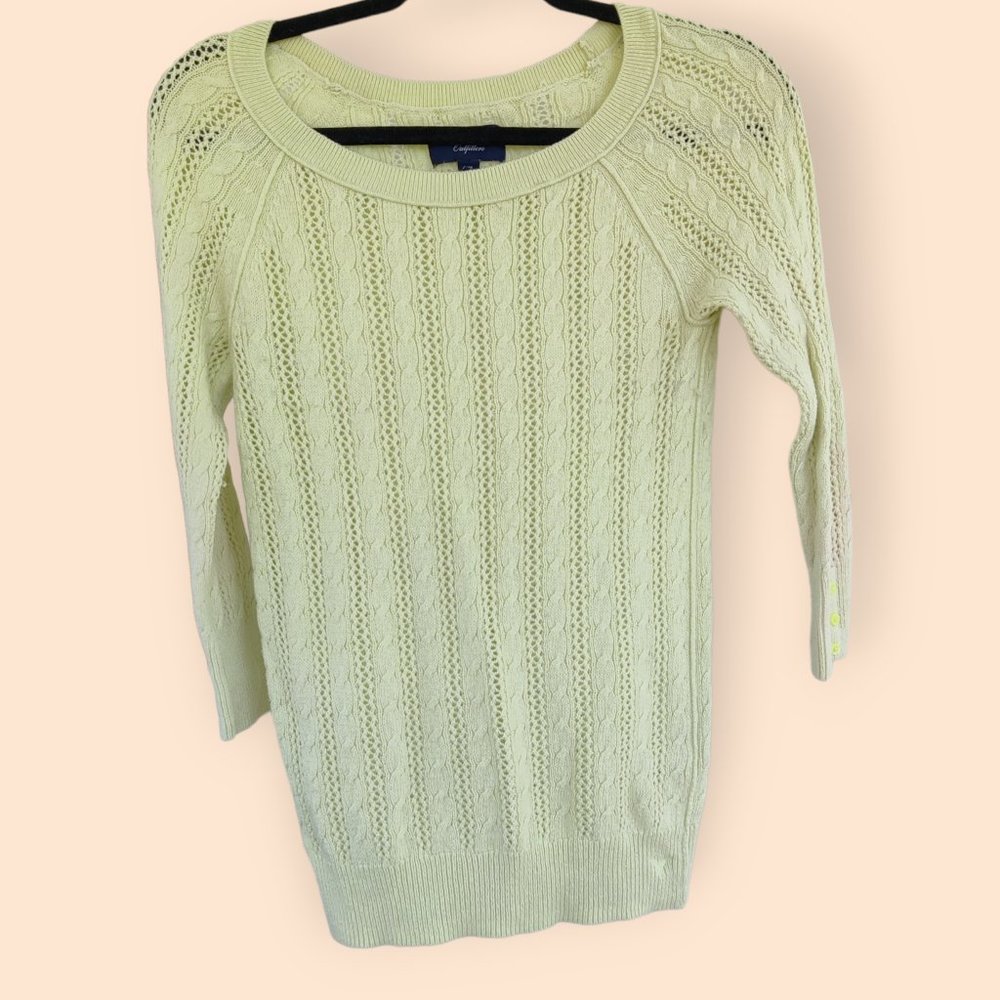 American Eagle AEO Medium Green Yellow Cable Knit Sweater 3/4 Sleeve Academia